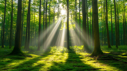 Fototapeta premium A beam of light breaking through thick forest canopy in a simple scene 