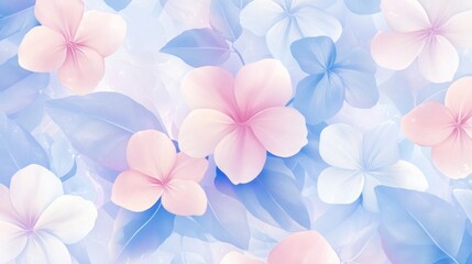 Obraz premium Pastel Floral Seamless Pattern: Delicate Pink and Blue Flowers and Leaves