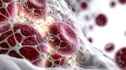 Microscopic close-up of a blood clot structure with red blood cells and fibers