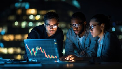Diverse team analyzing financial charts at night