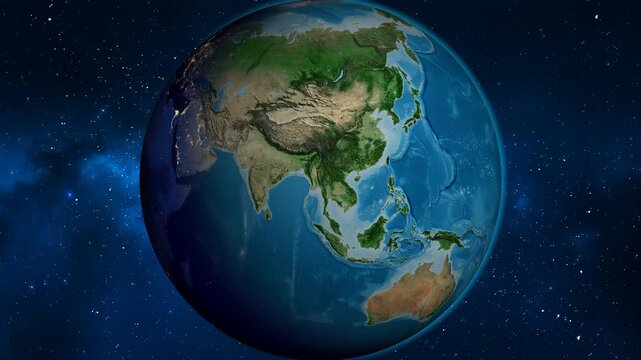 Myanmar on the globe. Outline. Satellite map. No labels
