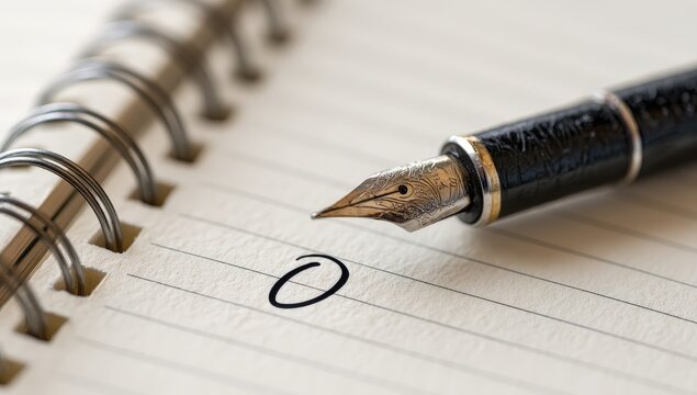 Fountain pen resting on a notebook with letter 'O'.