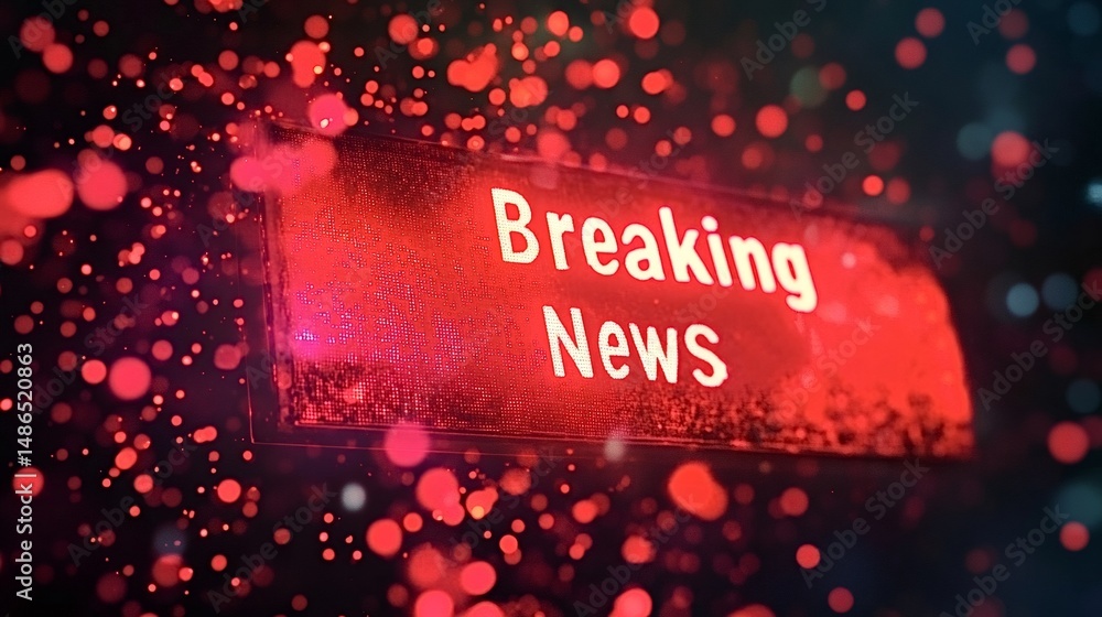 Poster breaking news sign displaying on a digital screen with red bokeh effect, creating a dramatic and urg
