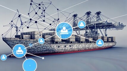 Globalized shipping network, interconnected cargo vessel, and human element.  Networked logistics, streamlined distribution, global trade, and cargo management - Powered by Adobe