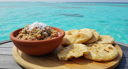 Maldivian Breakfast Mashuni and Roshi Traditional Tuna Dish and Flatbread Outdoor Food Photography Tropical Vacation Scene