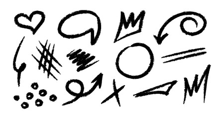 Chalk hand drawn arrow, marker lines, underlines. Crayon black brush scribbles, heart, crown, speech bubble, grunge texture, zig zag by marker or pencil. Doodle vector sketch elements.
