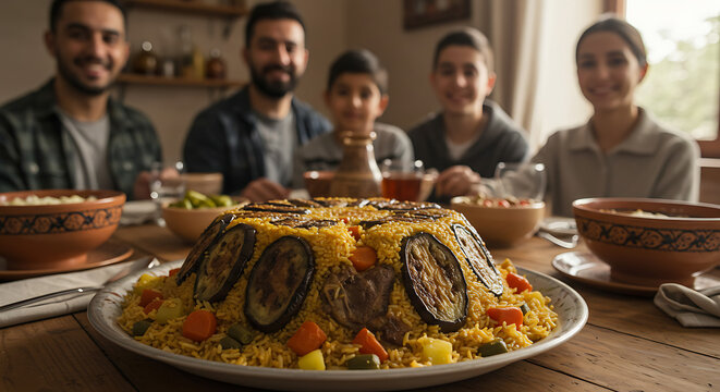 Maqluba Dish Traditional Middle Eastern Food Photography Family Dinner