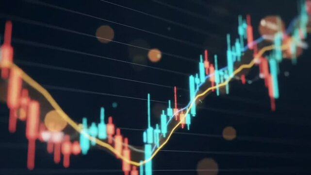 A close up of a stock chart showing an upward trend with blue and orange bars and a yellow line
