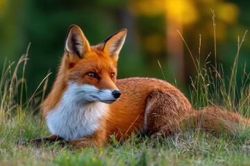Fototapeta premium Elegant red fox resting gracefully in a sunlit meadow during the golden hour of late afternoon