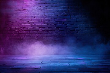 Neon-lit brick wall, smoky,  purple and blue hues.  Empty room, dramatic lighting