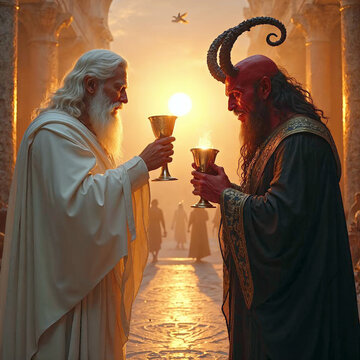 Il Patto Divino: La Luce Eterna Abbraccia l'Oscurit&agrave; mentre Dio e Satana Condividono un Brindisi Sacro nell'Equilibrio Cosmico tra Paradiso e Inferno