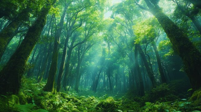 Lush, misty forest canopy. Sunlight filters through dense trees - Powered by Adobe