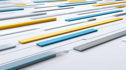 Fototapeta premium Angled perspective of colorful, parallel bars on a white surface, lines