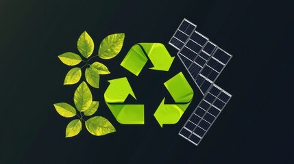 Bright ideas for sustainability with leaves, a recycling symbol, and solar panels on a dark background