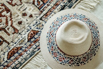 Beige straw hat, patterned trim, on colorful rug