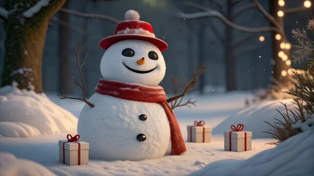 Snowman clip art with presents and red scarf in snowy Christmas night