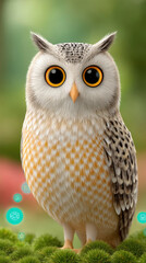 Obraz premium A close-up of a fluffy owl with big orange eyes perched on moss