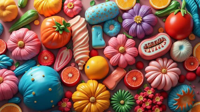 Vibrant maximalist composition with multiple colorful objects filling entire frame