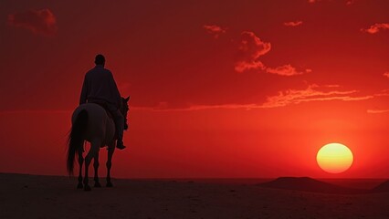 A solitary horse stands silhouetted against a breathtaking blood red sunset in the desert, capturing an evocative moment that speaks to loss and reflection.