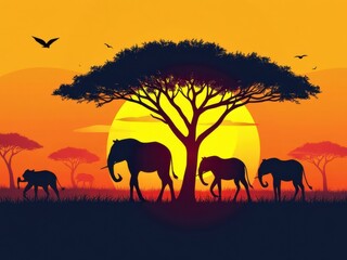 A beautiful sunset casts a warm glow as four elephants walk beneath a large acacia tree. Some gaze towards the viewer, showcasing wildlife's charm.