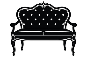 Black Silhouette of a Tufted Settee with Ornate Details and Curving Legs