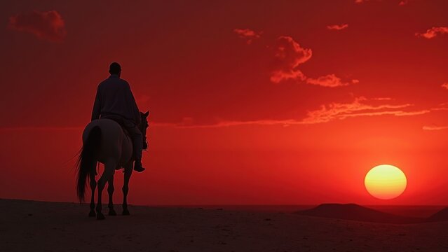 A solitary horse stands silhouetted against a breathtaking blood red sunset in the desert, capturing an evocative moment that speaks to loss and reflection.