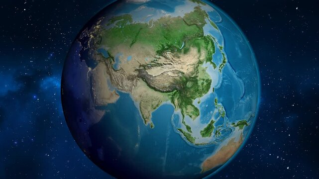 Nepal on the globe. Outline. Satellite map. No labels