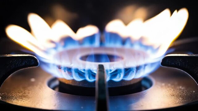 Blue flame produced by gas. Gas burner against a dark backdrop. Ignition of natural gas in stove burner, close-up view.