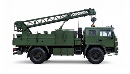 Side View Mockup of a Military Recovery Tow Truck on White Background