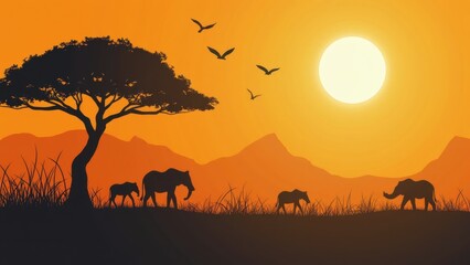 Silhouetted elephants walk gracefully across a savannah at sunset, framed by acacia trees and a vibrant orange sky, creating a serene yet powerful atmosphere.
