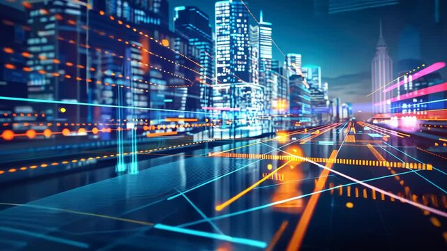 Futuristic city street with data overlays - Powered by Adobe