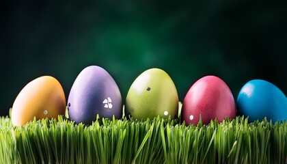 Fototapeta premium colorful easter eggs in green grass on dark background