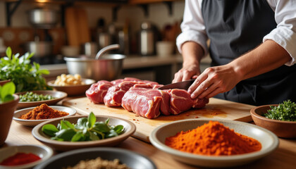 Chef preparing meat with spices in a kitchen setting