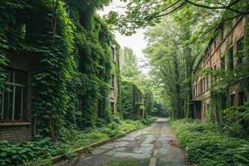 Naklejka premium Overgrown City Street Reveals Nature Reclaiming Urban Space Generative AI