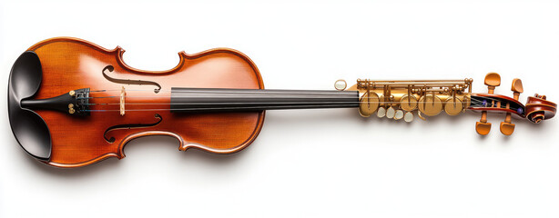 A surreal musical instrument, fusion of violin and saxophone, isolated on white