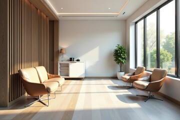 Fototapeta premium Modern dentist office waiting area with comfortable seating and natural light , building, office