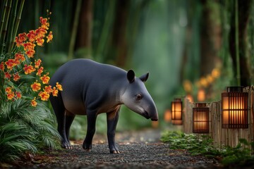 Fototapeta premium Captivating encounter with a tapir wandering through a serene bamboo grove at twilight, where glowing lanterns enhance the magical ambiance