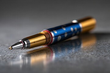 Elegant pen with blue and gold design on a reflective surface.