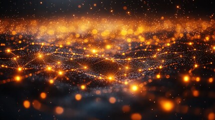 Fototapeta premium A vibrant, interconnected network, where lines of glowing data nodes, like constellations of information, float across a globe map, representing the intricate web of international business and 