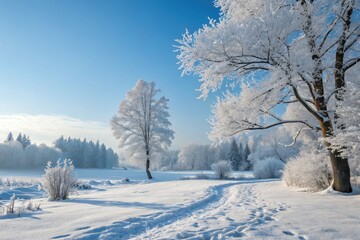 Obraz premium Frosty Winter Landscape With Snow-Covered Trees in Daylight Generative AI