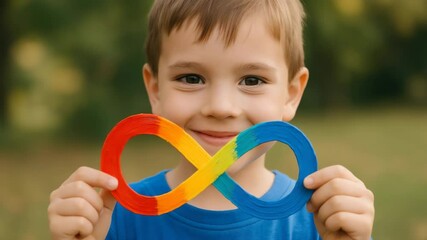A young boy holds a colorful infinity symbol, representing autism awareness and neurodiversity.
Concept of: Endless potential. - Powered by Adobe