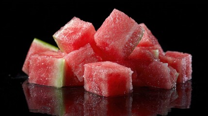 Close-up of fresh watermelon cubes on black background.