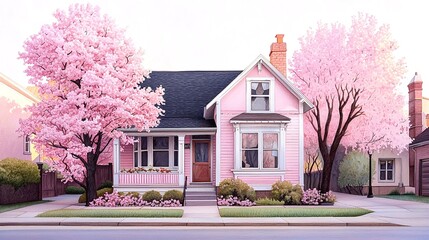 Pink House Under Blooming Cherry Blossom Trees