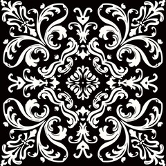 A striking black and white pattern features intricate floral motifs and swirls on a stark black background, creating a visually striking contrast.