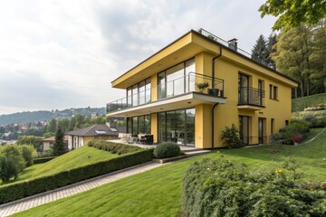 Modern Yellow House With Balcony and Large Windows Generative AI