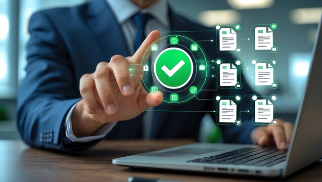 Businessman interacting with digital document approval concept on a laptop screen online.