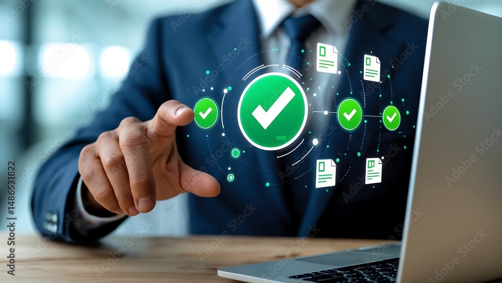 Poster businessman using technology to approve document with a digital checkmark and connected files