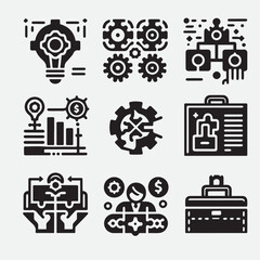 Business strategy, business plan, mission vision, growth chart, profit analysis, market research, goal setting sales funnel SWOT analysis strategic thinking roadmap financial goal icon set