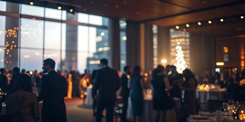 Elegant Evening Reception in Modern City Venue with Blurred Guests and City Lights