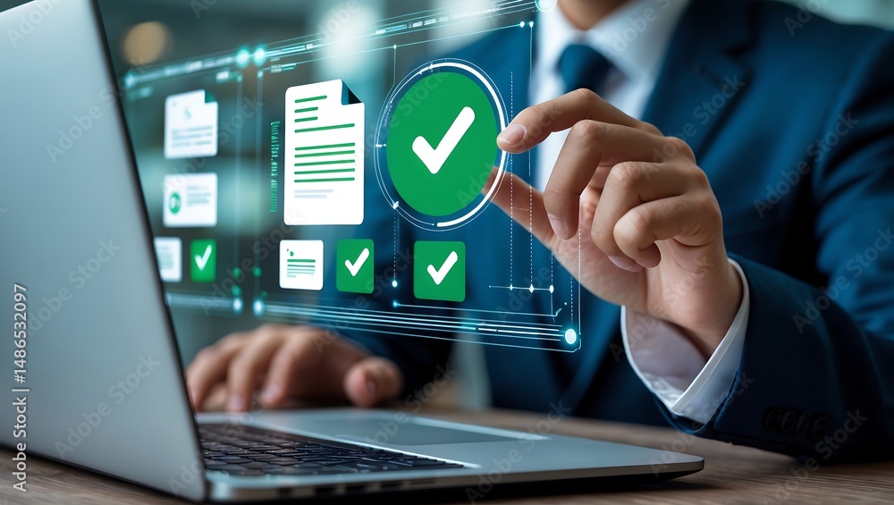 Poster businessperson using a digital interface to approve documents on a modern laptop computer